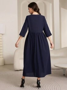 Women's Sequin Trimmed V-Neckline Embroidered Collage Seven-Quarter Sleeve Solid Color Dress. - Navy Blue - View 2