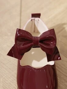 女童幼兒大蝴蝶結公主風瑪麗珍鞋，魔鬼氈黏扣式，柔軟舒適平底，嬰兒周歲生日派對洋裝鞋，百搭款 - 酒紅色 - 查看 9