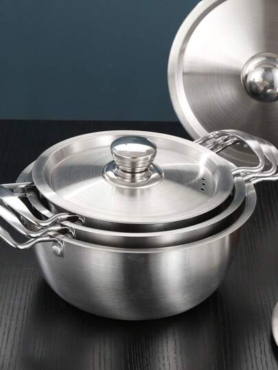 3pcs/Set Stainless Steel Silver Pot Set (Includes 3 Different Sizes - Small Size Can Be Used As A Rice Stirring Pot, Baby Food Pot, Etc. Medium Size Can Be Used As A Noodle Pot, Couple Soup Pot. Large Size Can Be Used As A Family Soup Pot And Small Hotpot)