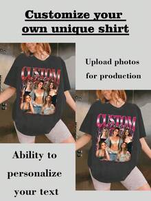 个性化Y2K盗版说唱T恤，复古定制盗版说唱T恤，复古定制90年代照片T恤，趣味礼物T恤，送给爱人的礼物，添加您喜欢的照片和文字（女友照片/情侣照/全家福/自拍/宠物照片/朋友照片）来设计您专属的定制印花T恤，适合（周年纪念日/求婚/订婚/成为情侣的日子） - 深灰色 - 查看 4