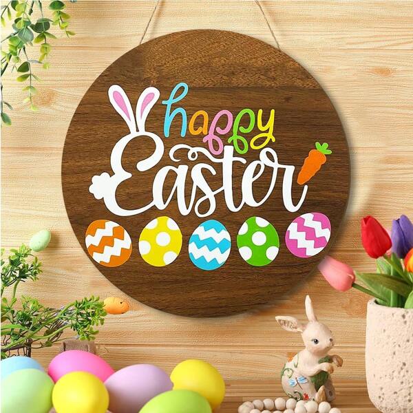 1Pc Happy Easter Wooden Door Sign Easter Egg Carrot Wall Hanging Sign For Spring Farmhouse Home Decor,Round Shape Spring Wood Wall Hanging Plaque Sign For Spring Easter Theme Party Outdoor Indoor Decorations