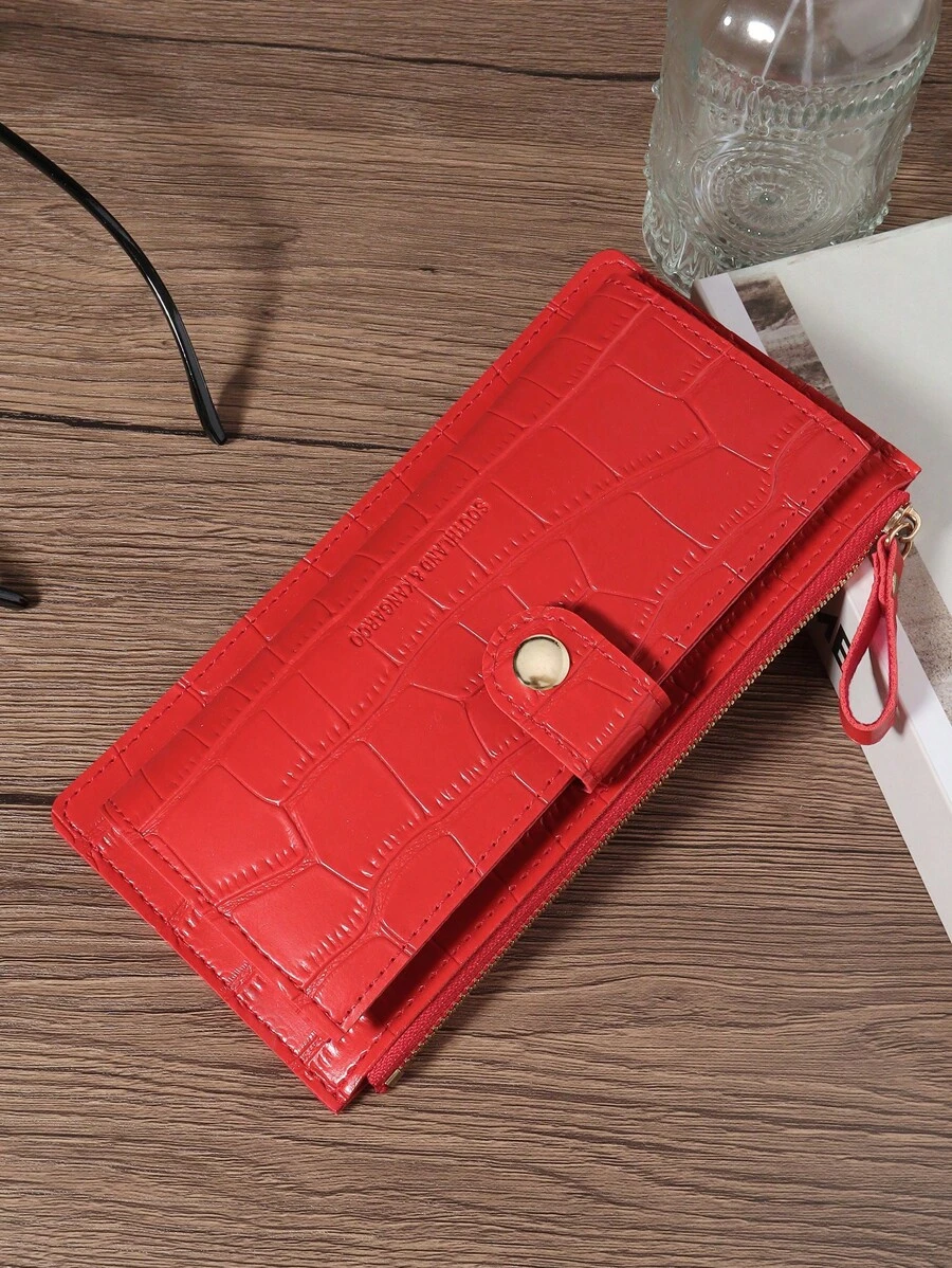 SOUTHLAND&KANGAROO Burgundy Bag Charry Red Bag Wine Red Bag Crocodile Embossed Fold Over Women Fashion Modern Business Slim Portable Versatile Large Capacity Credit Card Zipper ID Card Cash Storage Business Casual Perfect School College Work Business Commute Teacher's Day Back To School Holiday Office Anniversary For Birthday Gift Women White-Collar Workers College Student Bag School Supplies For School Dorm Room & Back To School For Women Wallet Purse Wallet Long Wallet - Red - View 1