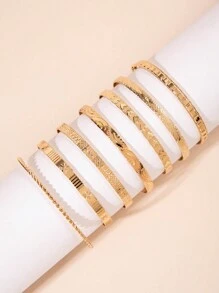 imoli Set de 6 pulseras de brazalete de aleación con diseño geométrico minimalista y exagerado, pulseras de cadena hueca con cuentas de CCB para mujeres, regalo para fiesta (brazalete ajustable)