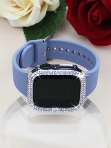 Compatible With Apple Watch Band And Case Combination Set Women's Fashion Sports Soft And Comfortable Metal Buckle Silicone Band + Anti-Drop, Anti-Scratch Shiny Double Row Diamond Hard PC Case Compatible With Apple Watch 38/40/41/42/44/45/46/49MM Band And Cases Compatible With Apple Watch Series Ultra/10/9/8/7/6/5/4//3/SE Replacement Band Case Set