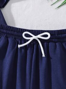 Conjunto de camiseta e shorts com estampa gráfica e letras para meninos pré-adolescentes, gola redonda, manga curta - Azul Real - Ver 6