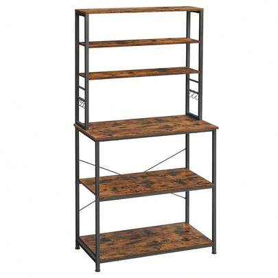 Estantería de Cocina Estantería de Panadería 6 Estantes y 6 Ganchos para Microondas Marco de Acero Industrial 40 x 80 x 167 cm Marrón Rústico y Negro