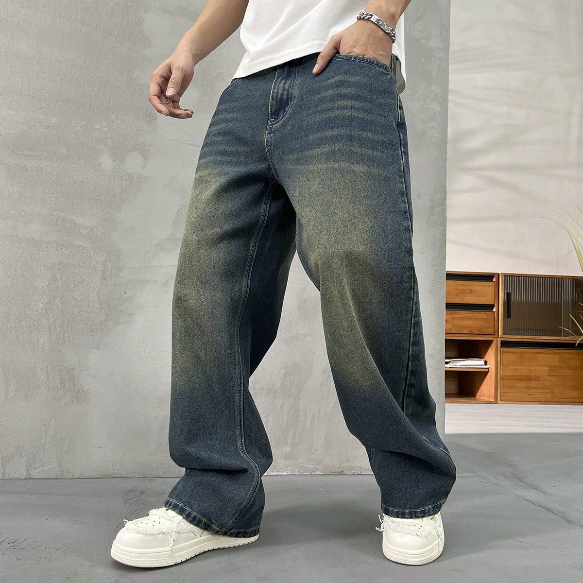 Jeans casuales anchos de pierna ancha con lavado vintage azul retro con bolsillos para hombre de HEHCN, pantalones holgados de estilo urbano, regalo a