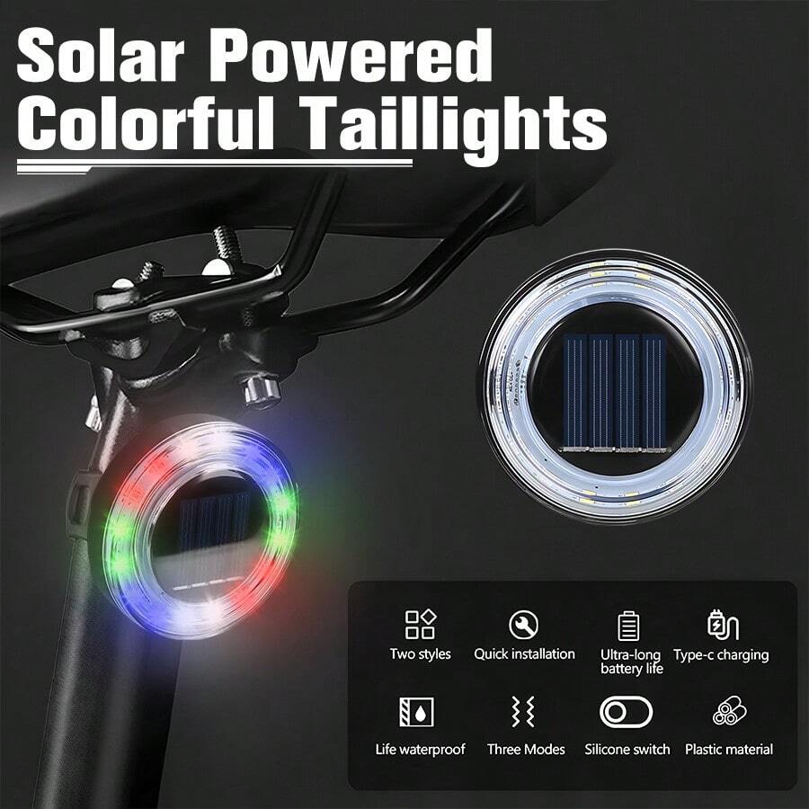 1pc Bicycle Light Rechargeable Solar Flash Rainbow Light Anti-Rear Collision Safety Warning Rechargeable Waterproof Suitable For Outdoor Cycling Light Bicycle Equipment Lighting Safety Travel Light