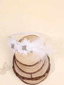 1pc White Feather Headband For Girls,Tulle Butterfly Hair Band Fot Kids,Rhinestone Accessories Hair Accessories For Toddlers Daily Use