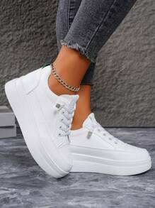 Women's Classic White Low-Top Casual Fashion Flat Sneakers, Outdoor Sports Shoes, Lightweight Soft-Soled Breathable Slip-On Platform Shoes