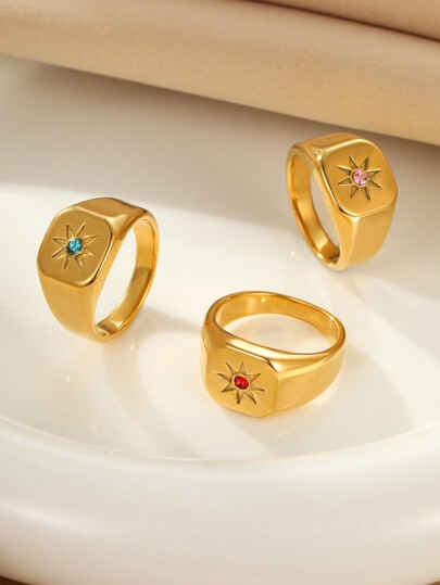 Onelike 1 peça/3 peças Conjunto de Anéis de Mulher Fashion Simples de Aço Inoxidável com Cristais de Girassol, Adequado para Uso Diário ou Presente para Mulheres