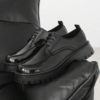 男士复古黑色漆皮橙色渐变设计鞋，厚底防滑商务休闲鞋，英伦风德比鞋，时尚百搭增高鞋，个性漆皮鞋，秋冬新款运动鞋