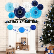 14 件海军蓝派对装饰套装，包括纸灯笼、绒球、蜂窝、纸扇，适用于淋浴、生日派对用品