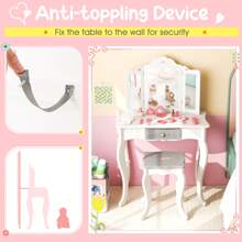 Homasis Kids Vanity Set Makeup Table & Chair Tri-Folding Mirror Sweet Accessories - White - View 6