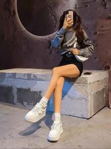 Zapatillas altas de mujer estilo callejero americano con suela gruesa.Zapatillas deportivas con cordones de otoño para mujeres,Zapatillas deportivas de moda de color combinado,Zapatillas de deporte para mujer estilo callejero americano con suela gruesa y transpirablesZapatillas de mujer con plataforma estilo callejero americano y diseño transpirable,otoño,para caminar y correr al aire libre - Beis - Ver 5