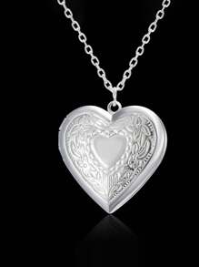 1 Pieza, Collar personalizado con forma de corazón, personalizable con fotos, disponible en 5 estilos, color plateado general, con corazón en forma de corazón personalizado grabado, se puede abrir como un colgante para guardar fotos.