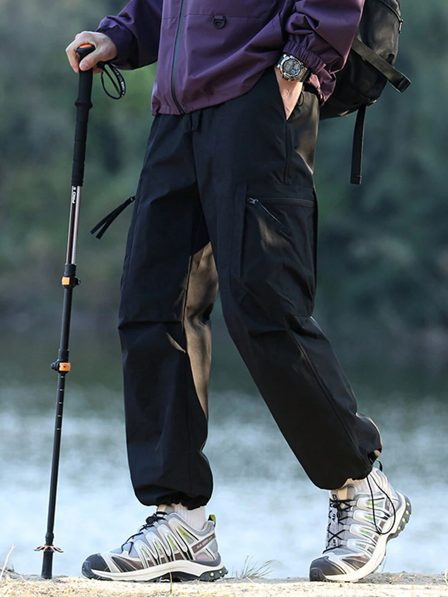 Men's Spring Summer Fall Straight Leg Multi-Pocket Cargo Pants Comfortable Breathable Drawstring Overalls Hiking Windproof Jogger Pants(XS-XL) - Black - View 1