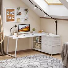 Tribesigns Reversible L-Shaped Desk With 3 Drawers, 53-Inch Home Office Desk, Industrial Corner Computer Desk With Shelves For Small Space - trắng - Xem 3