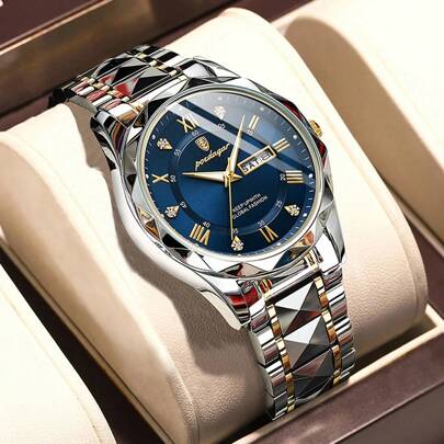 1 件商务休闲防水双显示男士不锈钢表带石英腕表父亲作为学生返校礼物