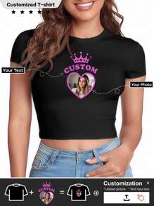 定制女士 T 恤 - 添加您自己的照片/文字（家庭照片/自拍/座右铭/口号）来设计您的定制印花 T 恤、皇冠、感恩节、狂欢节、圣诞节、Y2K 剪裁上衣的个性化小衬衫 - 黑色 - 查看 1