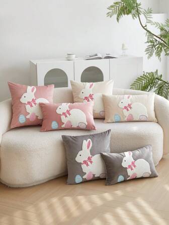 1 件复活节兔子和鸡蛋图案天鹅绒刺绣抱枕套，适合客厅、卧室、派对的家居装饰