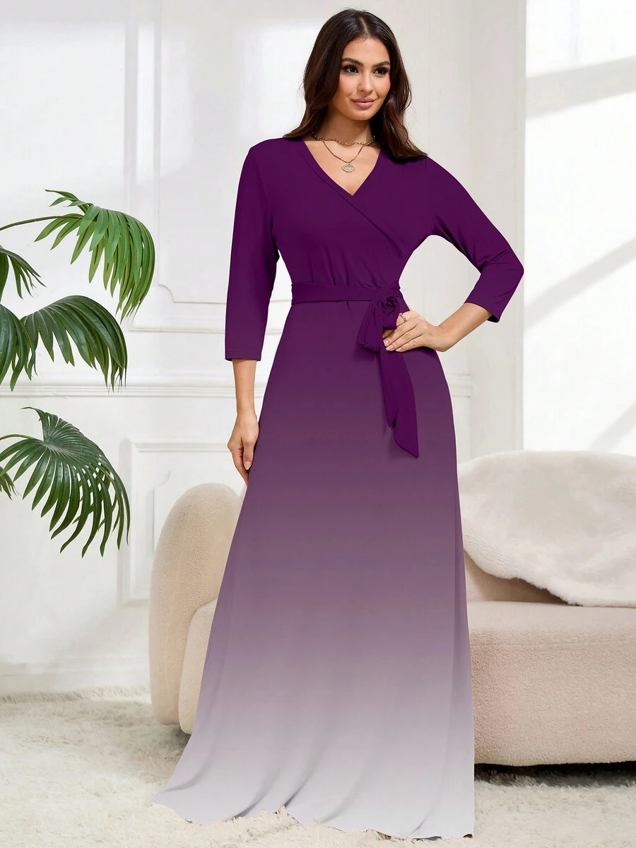 Deep V-Neck Elegant Short Sleeve Dress, Women Summer Clothing - Mauve Purple - View 1