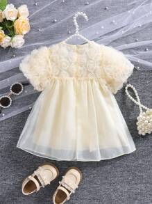 1 chiếc váy ren lưới 3D họa tiết hoa hồng cho bé gái, váy rộng tay bồng, quà tặng kỷ niệm ngày cưới cho tiệc mùa hè - Màu be - Xem 2