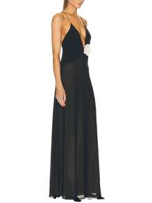 Womens Summer Long Evening Dress Sleeveless Deep V Neck Flower Decor Party Dress - 黑色 - 查看 4