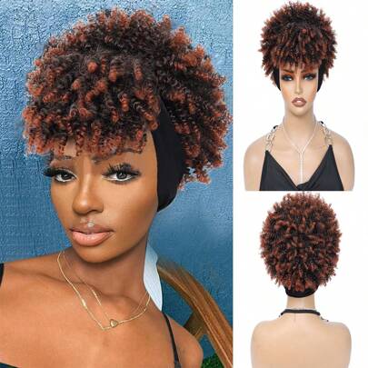 Afro Ombre Black Headband Wig Short Afro Wigs For Women Synthetic Afro Kinky Curly Headband Wig With Bangs For Women Natural Afro Puff With Bangs Turban Wrap-Wig Curly Afro Wig 4inch