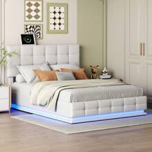 Upholstered Double Bed 140x200cm Double Bed With Hydraulically Liftable Storage Space, White PU Leather, Slatted Frame, For Adults And Teenagers