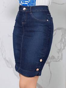 Saia jeans modelagem ajustada botão lateral barra