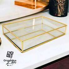 Multipurpose Decorative Rectangular Mirrored Organizer Tray Bathroom Decor - Vàng - Xem 2