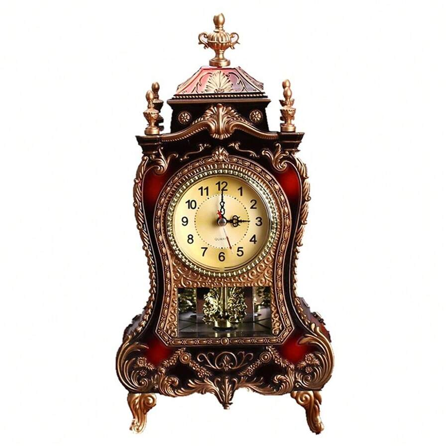 1PC European Vintage Style 33*16.6*8.6Cm Antique Table Clock Home Desktop Decorative Ornaments, Can Be Used For Living Room, Bedroom, Study, Office And Other Home Decorations - 紅色 - 查看 1