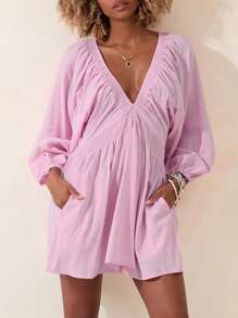 Women's Summer Short Party Dresses 3/4 Sleeve Deep V Neck Solid Color Smocked Dress With Pockets - Pink - View 4