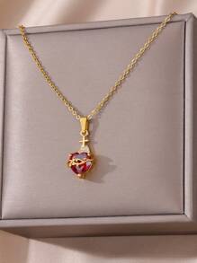 1 件时尚人造红水晶心形项链女士金色不锈钢玫瑰箭头吊坠项链情人节礼物 - 金黃色 - 查看 5
