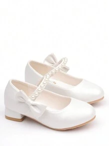 Girls White High Heel Shoes Princess Style Leather Shoes Spring & Autumn, Middle & Kids Shoes Suitable For Evening Dresses, Pearl Decoration