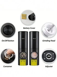 1pc/2pcs Electric Pepper And Salt Grinder , Battery Powered Adjustable Of Coarseness Black Pepper Grinder Mill , Automatic Grinding For BBQ Restaurant Kitchen For White Pepper, Black Pepper, Sea Salt, Cumin.