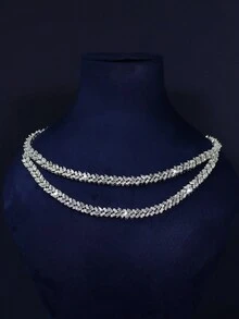 5 件奢华皇家风格叶子双层设计新娘首饰套装，包括项链、手链、耳环、戒指，采用方晶锆石手工制作，适合日常佩戴和婚礼，非常适合结婚周年纪念礼物（附礼品盒） - 雙層新娘套裝 - 查看 4