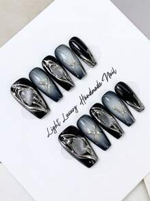 10 Pieces Of Long Nails, Diablo Mergerian Nail Art New Style DIY Heavy Workers, Heavy Workers, Punk Style Mechanical Warfare Patterns Design Black Nails, Removable Reused Nail Supplies, Nail Powder, Nails Scattered Suitable For Men, Ladies On The Stage, Dance Party , Dacking Scenes Use 1 Piece Of Fructic Jelly Glue And 1 Rubbing Strip