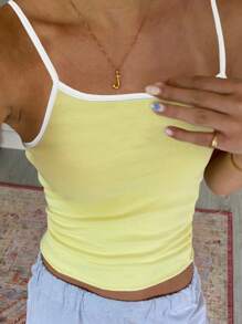 Women's Cropped Cami Tops Sleeveless Open Back Slim Fit Solid Color/Stripe Print Tank Tops - Yellow - View 4