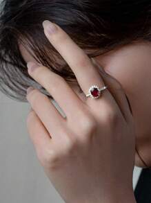 BALMORA 1 件复古风格 S925 镀银 18K 金玫瑰皇后方晶锆石红宝石戒指，优雅的女士珠宝礼物 - 銀色 - 查看 3