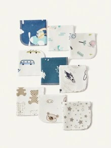 9pcs/Pack Assorted Color Baby Towels, Cartoon/Animal/Printed, , Multipurpose For Bathing, Feeding, Drinking, Daily Use - Multicolor - View 6