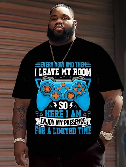 大码男士时尚电子游戏图案印花 T 恤，涤纶针织面料，圆领，休闲版型，独特图形设计