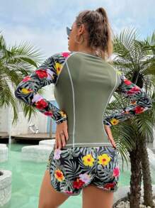 Tropical Print 2 Piece Swimsuits, Long Sleeves Round Neck Top & Boxer Short Bottom Competitive Swimsuit, Women's Swimwear & Clothing - 軍綠色 - 查看 3