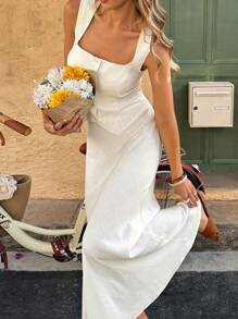 Women's Square Collar Waist Fitted 2 Pieces Set - Apricot - View 5