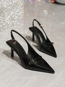 On feet& in love 秋冬女士时尚漆皮搭扣尖头低帮露跟高跟鞋，优雅，派对，细高跟 - 黑色 - 查看 4