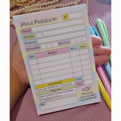 Bloco de Pedidos colorido talão pedido cliente candy collors
