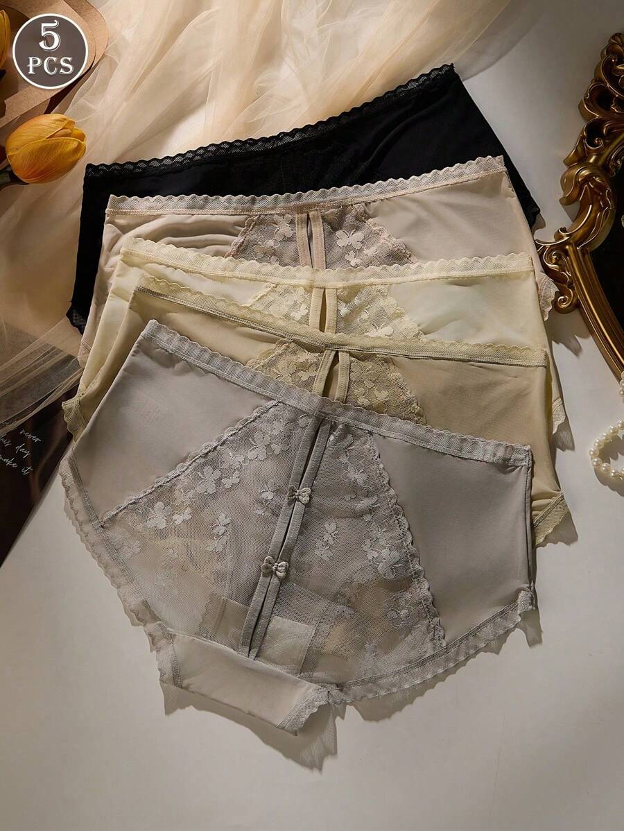 5 条装女士法式无缝蕾丝内裤性感舒适透气桑蚕丝裆中腰长裤