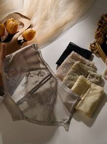 5 条装女士法式无缝蕾丝内裤性感舒适透气桑蚕丝裆中腰长裤