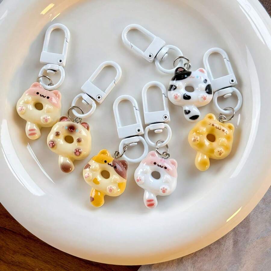 6pcs Cute Cat & Donut Design Keychain, Fun Cartoon Food Ornament, Bag Charm Gift For Couples & BFFs Car Accessories School Goth Y2k Christmas Bag Charms Car Teacher Friend Sister Gift Ideas - Multicolor - View 1